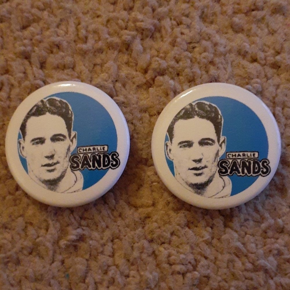 Two Metal Charlie Sands Buttons - Blue and White
